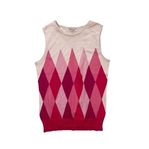 Pringle of Scotland Cotton Sweater Vest‎ Women's XS Pink Argyle Sleeveless Knit